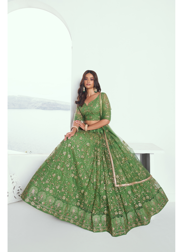 Beautiful Soft Net Mehendi Green Lehenga choli embellished with sequin work